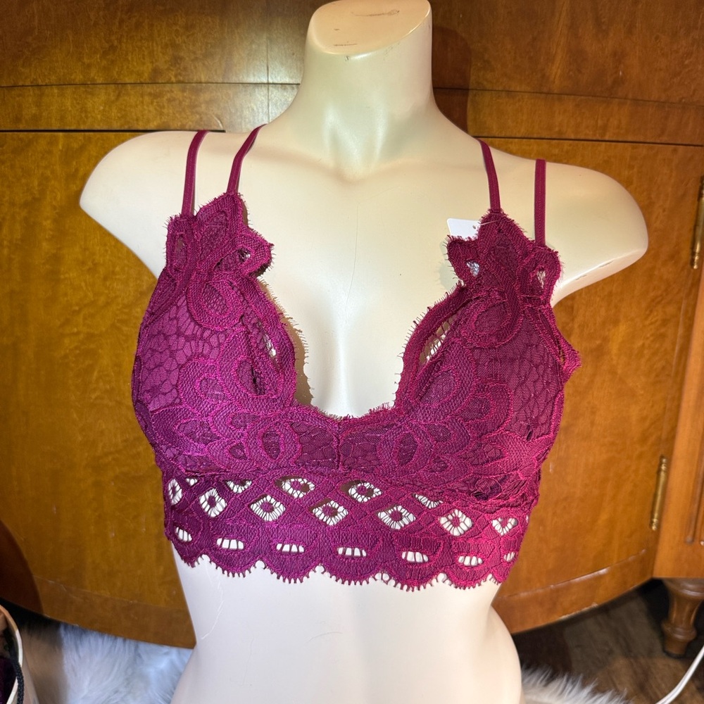 NWT Anemone bralette Burgundy Red  Lace Strappy adj. strap removable pad S M XXL